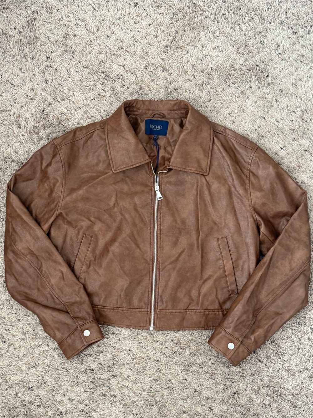 (BRAND NEW) Brown Faux Leather crop-mid jacket with pockets and silver zipper!